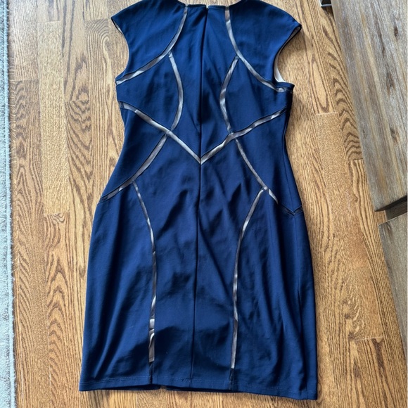 Xscape Designer Navy BodyCon Dress sheer nude accents back zip Cap Sleeves - Picture 2 of 8
